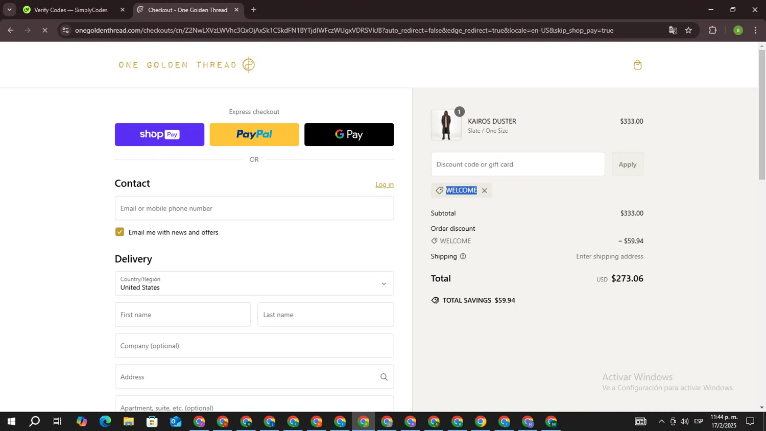 One Golden Thread discount code screenshot showing code Welcome applied at One Golden Thread checkout page. Uploaded by SimplyCodes community member DiscountSpotter1028 on Feb 18, 2025