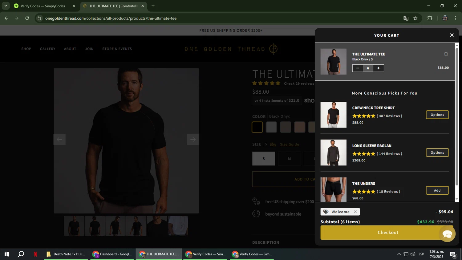 One Golden Thread discount code screenshot showing code Welcome applied at One Golden Thread checkout page. Uploaded by SimplyCodes community member xxdddd on Mar 7, 2025