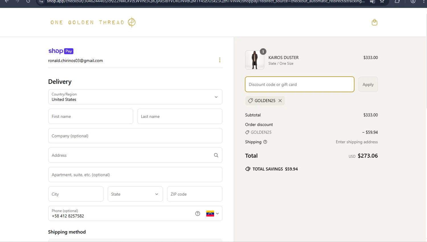 One Golden Thread discount code screenshot showing code GOLDEN25 applied at One Golden Thread checkout page. Uploaded by SimplyCodes community member PennySage5996 on Mar 22, 2025