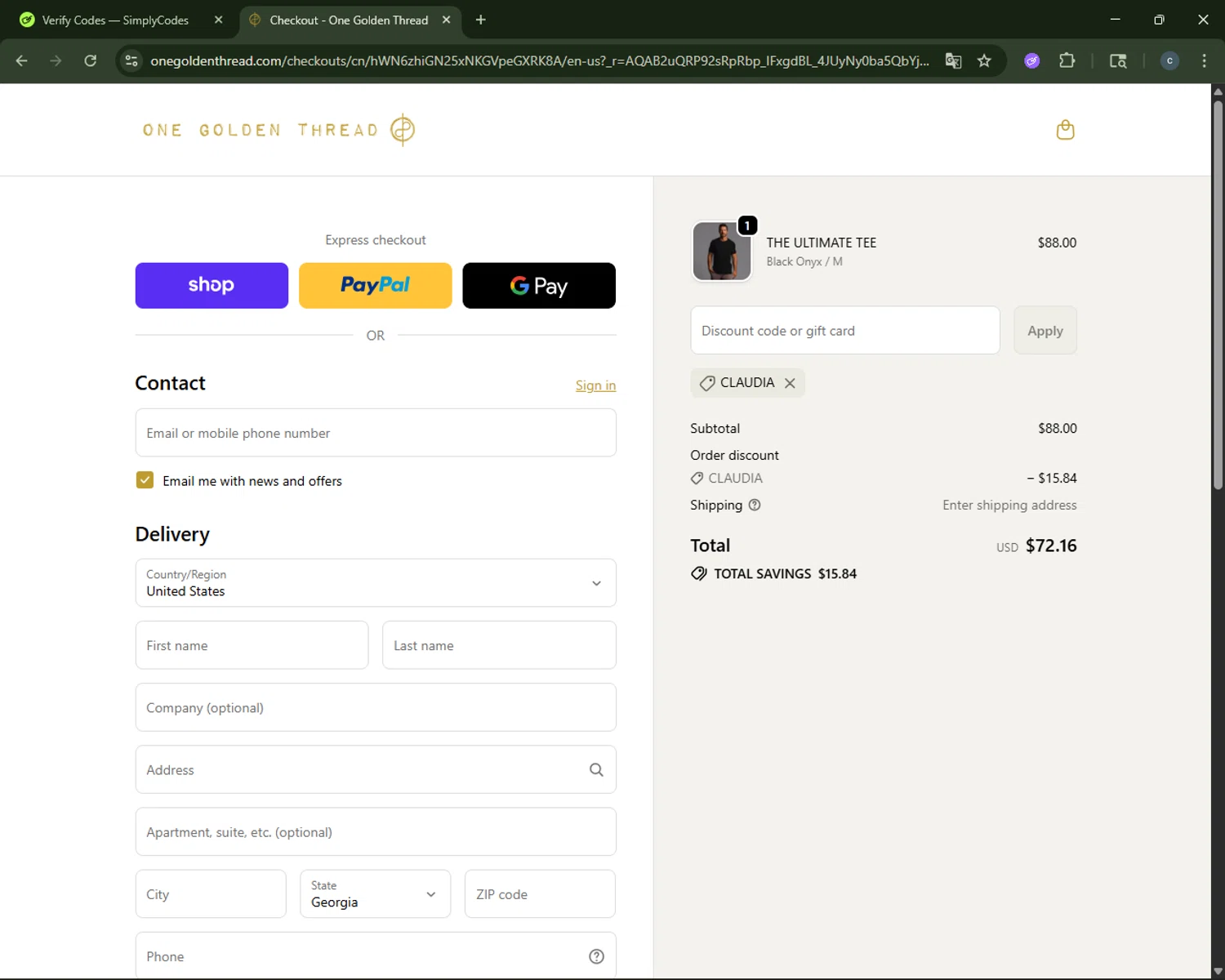 One Golden Thread checkout page showing One Golden Thread discount code box | Screenshot taken by SimplyCodes community member on Dec 29, 2025