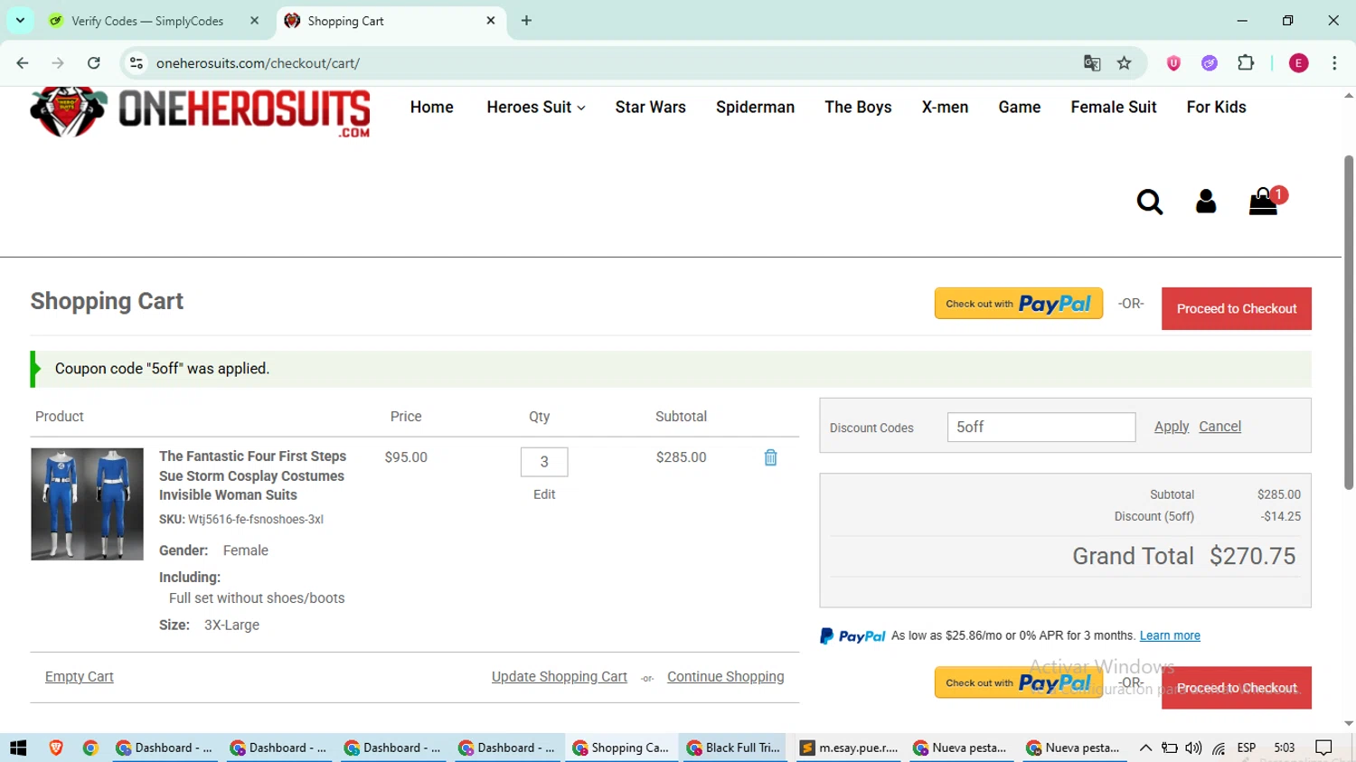 OneHeroSuits checkout page showing OneHeroSuits discount code box | Screenshot taken by SimplyCodes community member on Jun 12, 2025