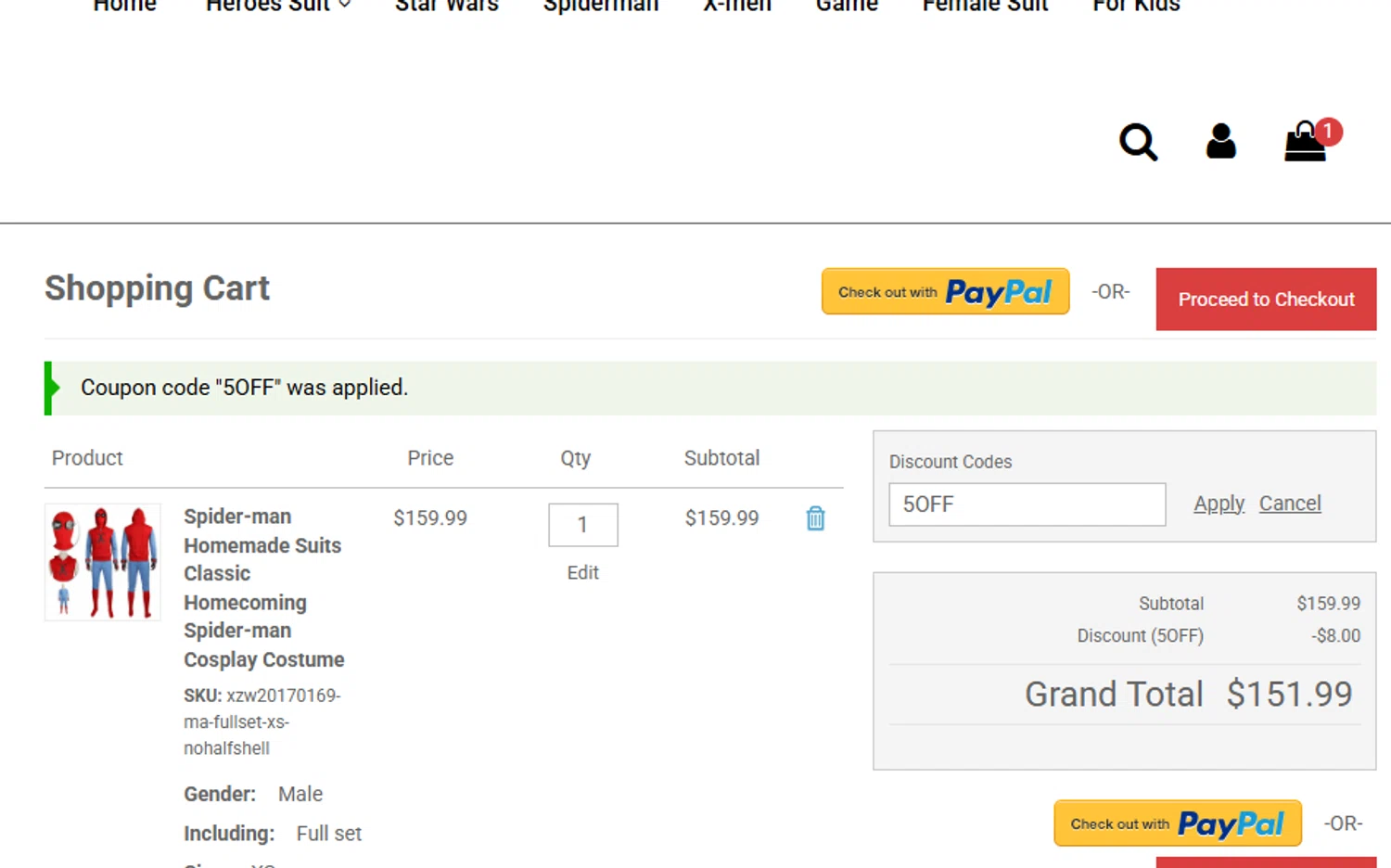 OneHeroSuits discount code screenshot showing code 5OFF applied at OneHeroSuits checkout page. Uploaded by SimplyCodes community member ashe1986 on Sep 29, 2025