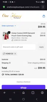 Honey20 coupon verification screenshot
