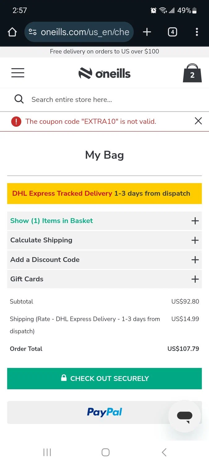 O'Neills discount code screenshot showing code EXTRA10 applied at O'Neills checkout page. Uploaded by SimplyCodes community member Milaya on Sep 26, 2025