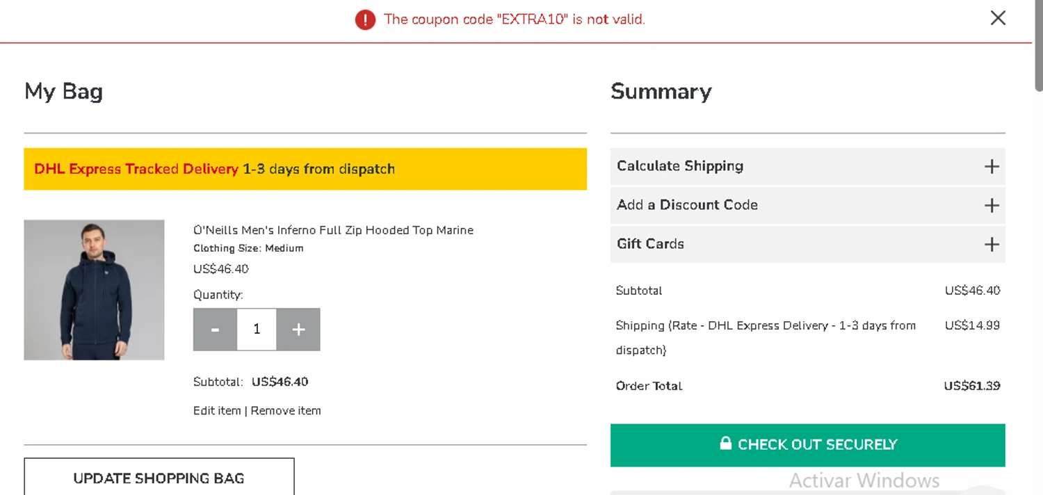 O'Neills discount code screenshot showing code EXTRA10 applied at O'Neills checkout page. Uploaded by SimplyCodes community member ScanWizard9437 on Sep 26, 2025