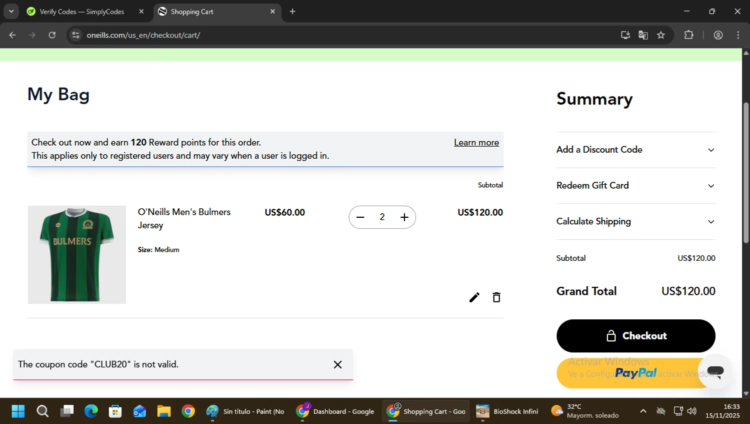 O'Neills discount code screenshot showing code CLUB20 applied at O'Neills checkout page. Uploaded by SimplyCodes community member CrownPhoenix4297 on Nov 15, 2025