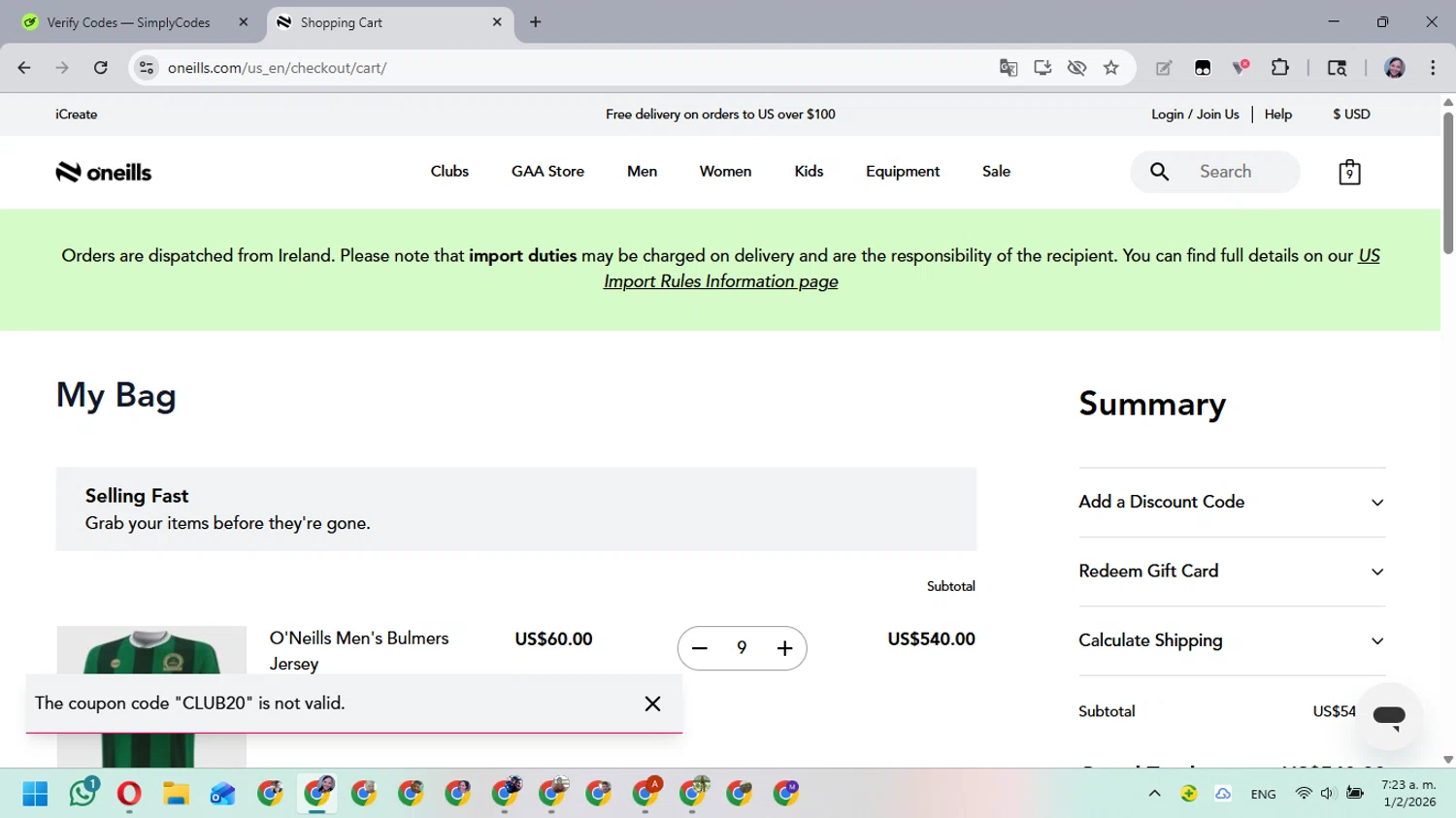 O'Neills discount code screenshot showing code CLUB20 applied at O'Neills checkout page. Uploaded by SimplyCodes community member MarielisPb on Feb 1, 2026