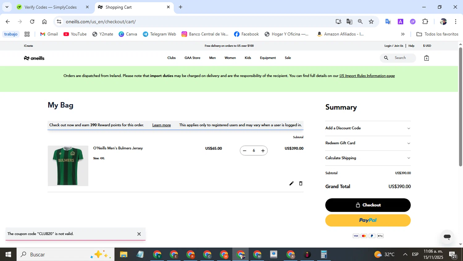 O'Neills discount code screenshot showing code CLUB20 applied at O'Neills checkout page. Uploaded by SimplyCodes community member alfredohernandez on Nov 15, 2025