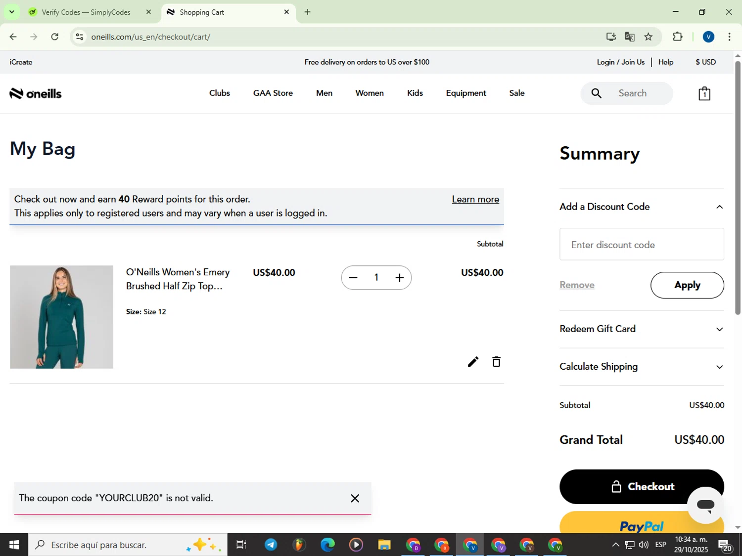 O'Neills discount code screenshot showing code YOURCLUB20 applied at O'Neills checkout page. Uploaded by SimplyCodes community member Garou_Y2K on Oct 29, 2025