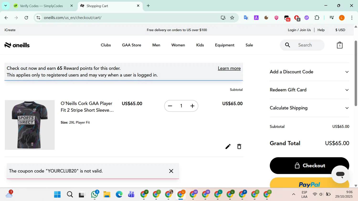 O'Neills discount code screenshot showing code YOURCLUB20 applied at O'Neills checkout page. Uploaded by SimplyCodes community member RebateLegend8934 on Oct 29, 2025