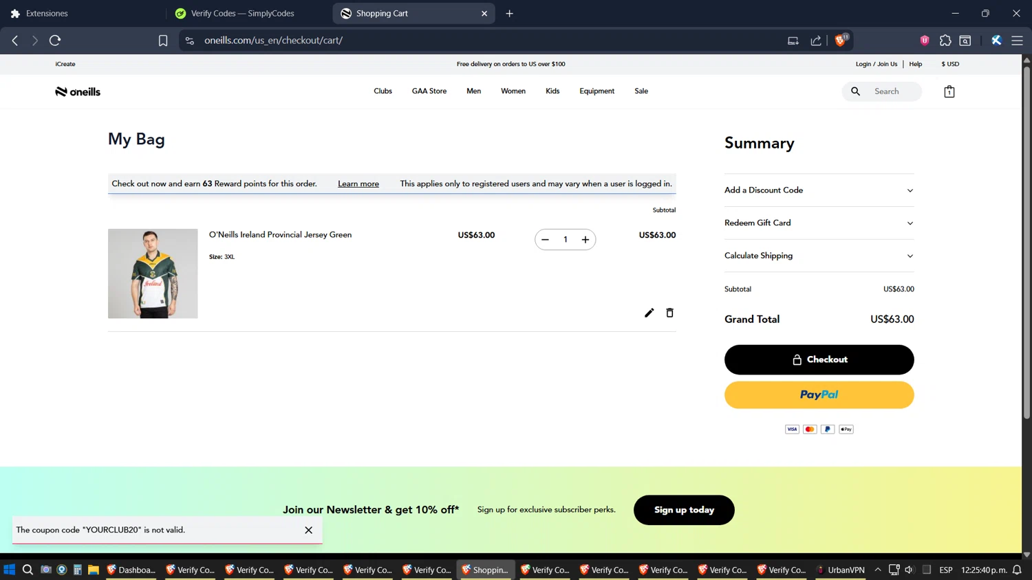 O'Neills discount code screenshot showing code YOURCLUB20 applied at O'Neills checkout page. Uploaded by SimplyCodes community member jhordano on Oct 29, 2025