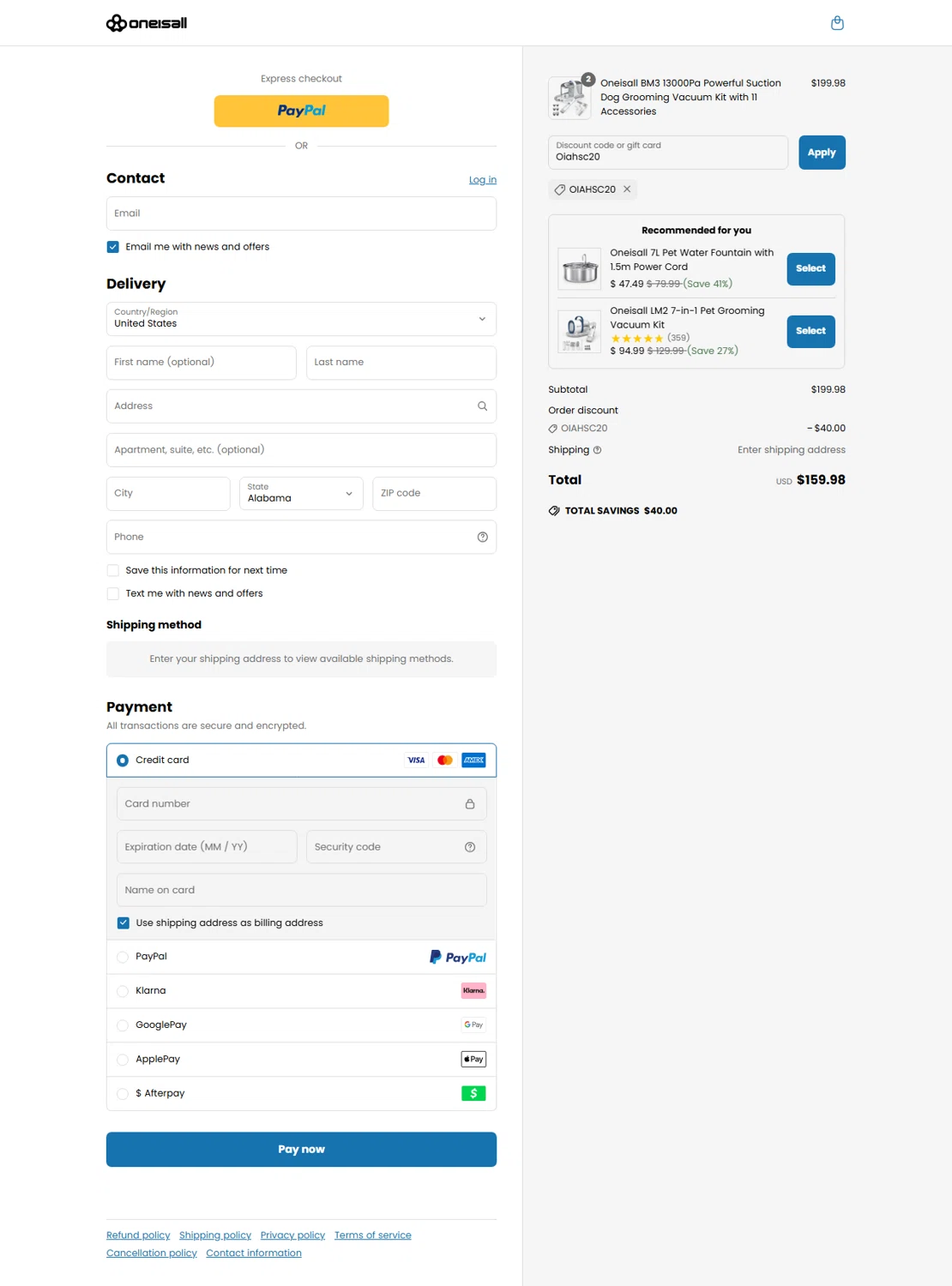 Oneisall discount code screenshot showing code Oiahsc20 applied at Oneisall checkout page. Uploaded by SimplyCodes community member TomaTuYukota on May 4, 2025