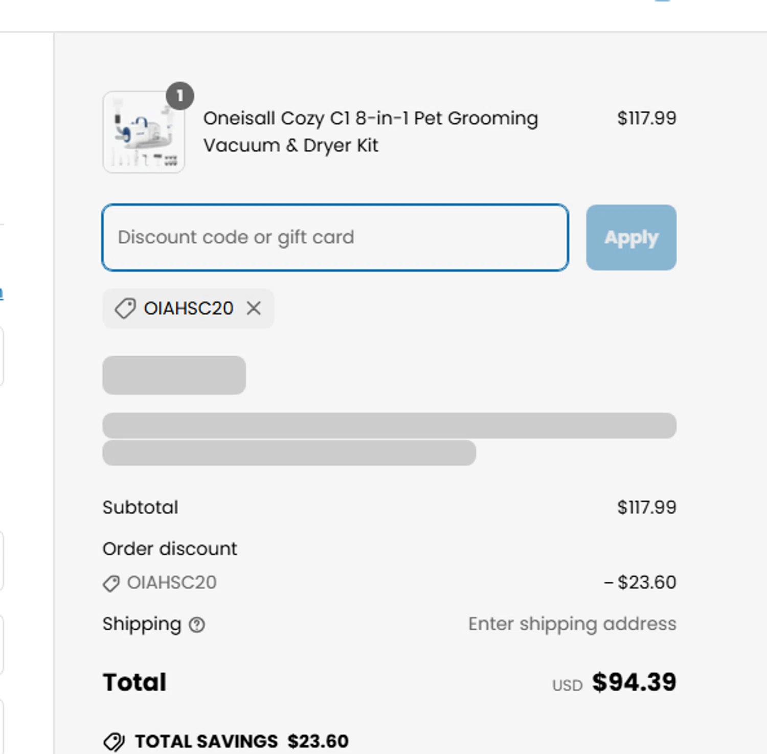 Oneisall discount code screenshot showing code Oiahsc20 applied at Oneisall checkout page. Uploaded by SimplyCodes community member Toundjiale on Mar 25, 2025
