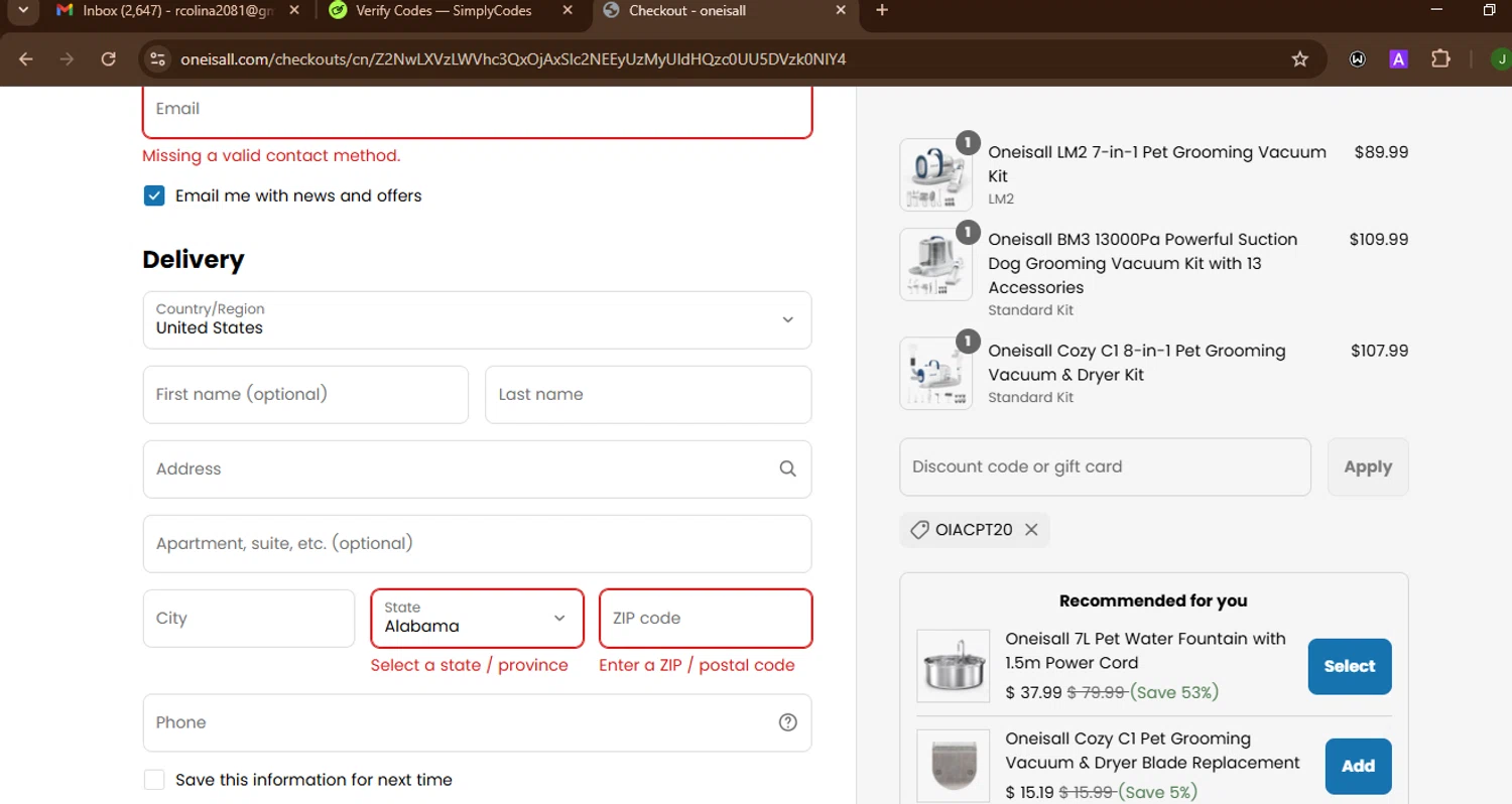 Oneisall discount code screenshot showing code Oiacpt20 applied at Oneisall checkout page. Uploaded by SimplyCodes community member SnoopDogg on May 26, 2025