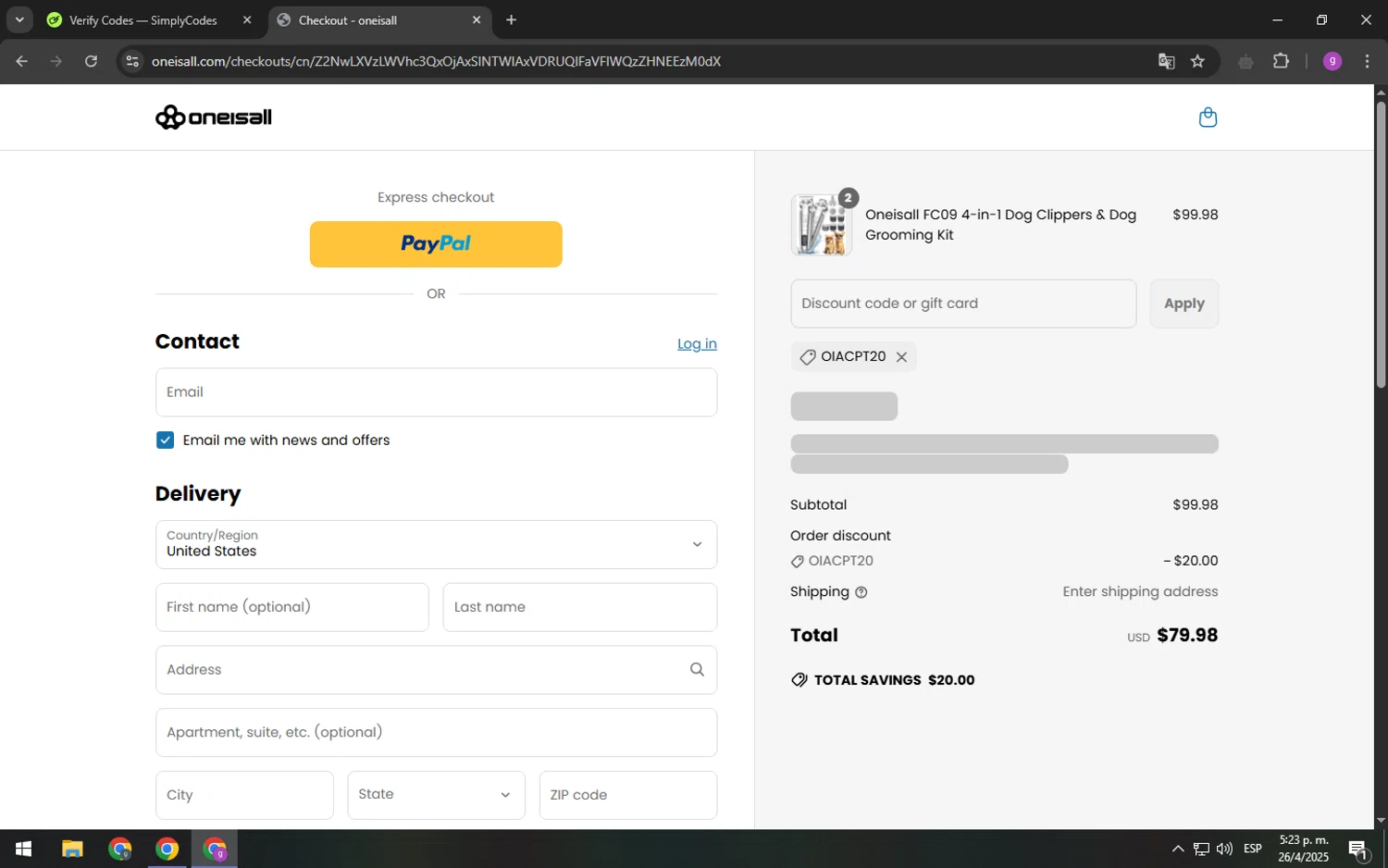 Oneisall discount code screenshot showing code Oiacpt20 applied at Oneisall checkout page. Uploaded by SimplyCodes community member youngchecker on Apr 26, 2025