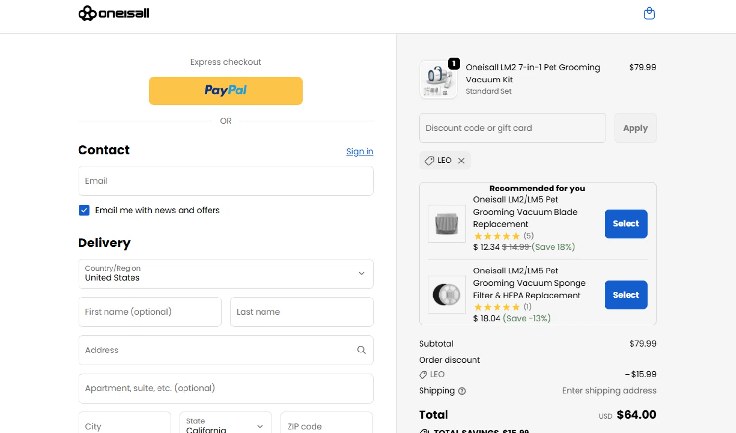 Oneisall discount code screenshot showing code LEO applied at Oneisall checkout page. Uploaded by SimplyCodes community member Loratadina on Oct 8, 2025