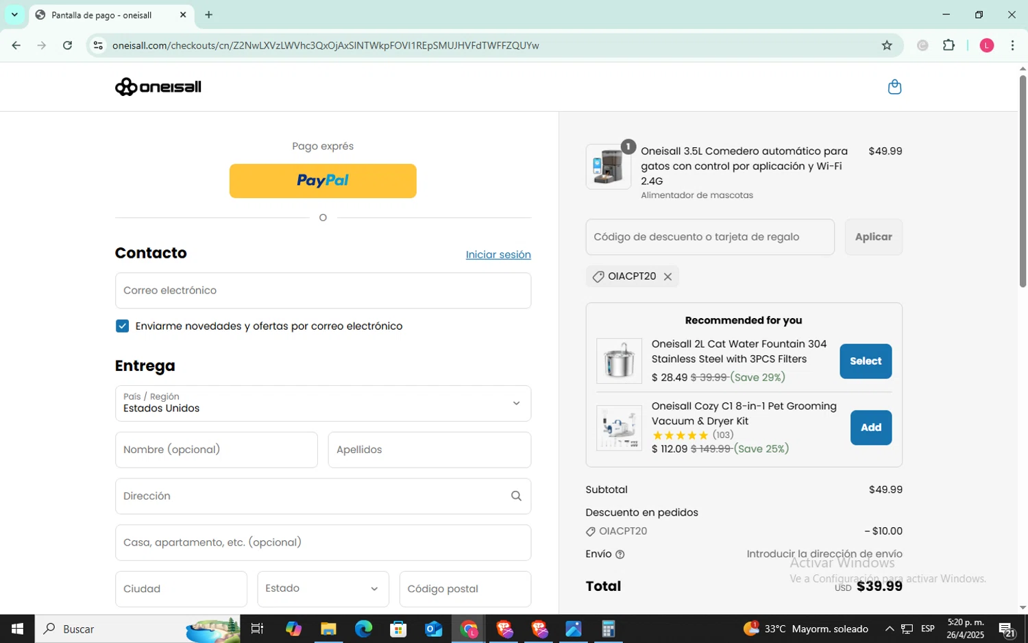 Oneisall discount code screenshot showing code Oiacpt20 applied at Oneisall checkout page. Uploaded by SimplyCodes community member SilverFox3257 on Apr 26, 2025
