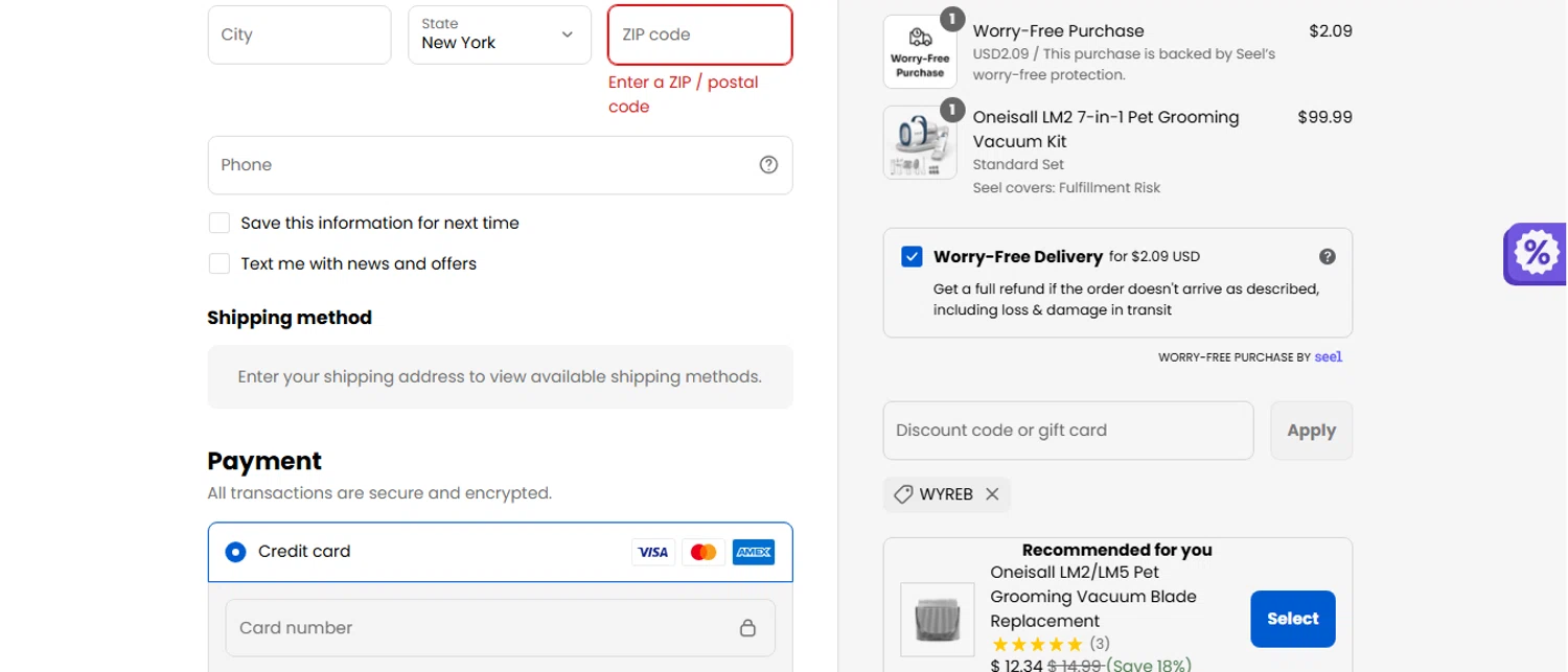 Oneisall discount code screenshot showing code WYREB applied at Oneisall checkout page. Uploaded by SimplyCodes community member shark12 on Sep 6, 2025