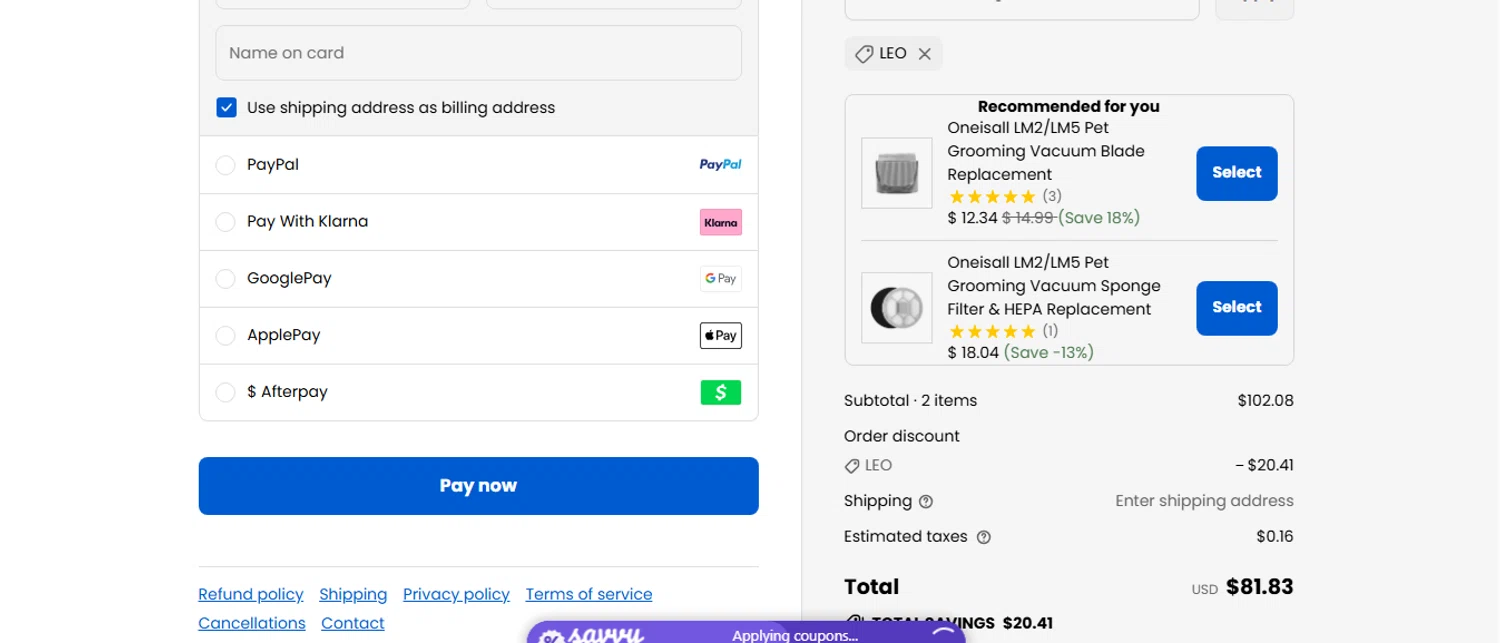 Oneisall discount code screenshot showing code LEO applied at Oneisall checkout page. Uploaded by SimplyCodes community member shark12 on Sep 6, 2025