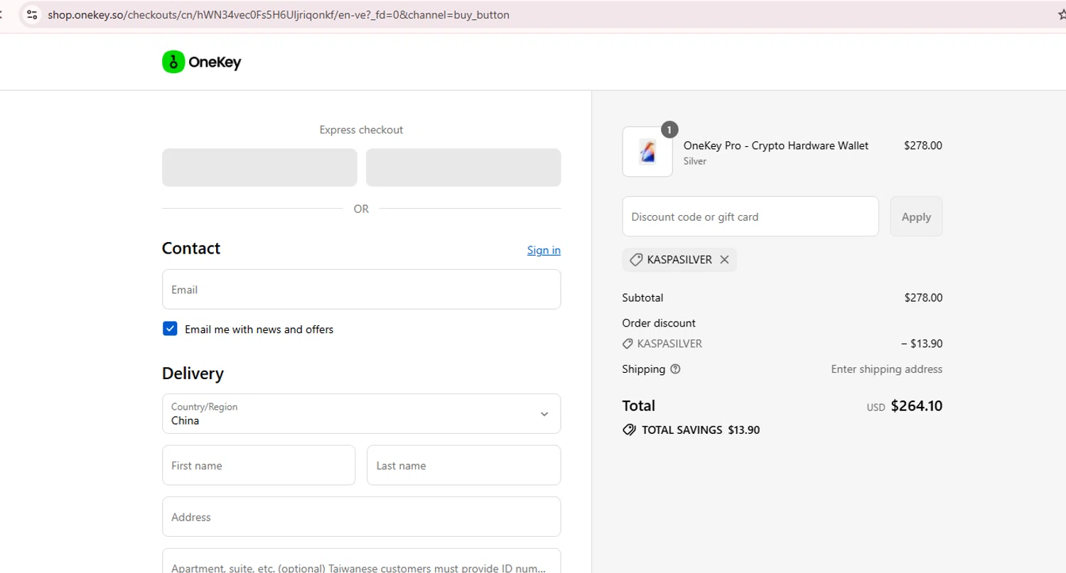 OneKey promo code screenshot showing code KASPASILVER applied at OneKey checkout page. Uploaded by SimplyCodes community member Teamgorila on Sep 17, 2025