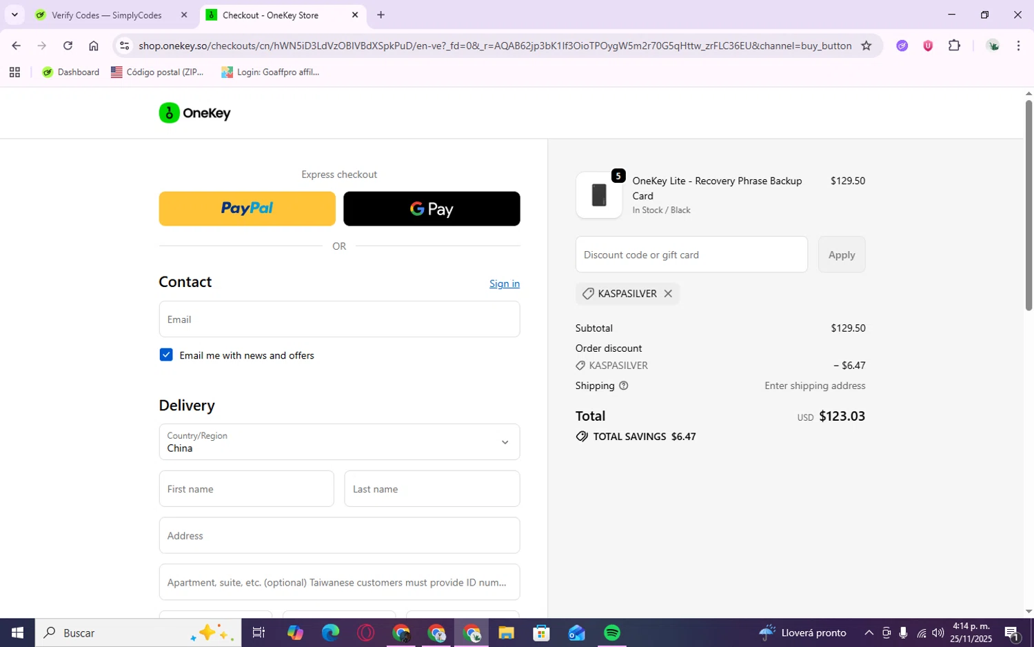 OneKey promo code screenshot showing code KASPASILVER applied at OneKey checkout page. Uploaded by SimplyCodes community member Zenitsu2002 on Nov 25, 2025