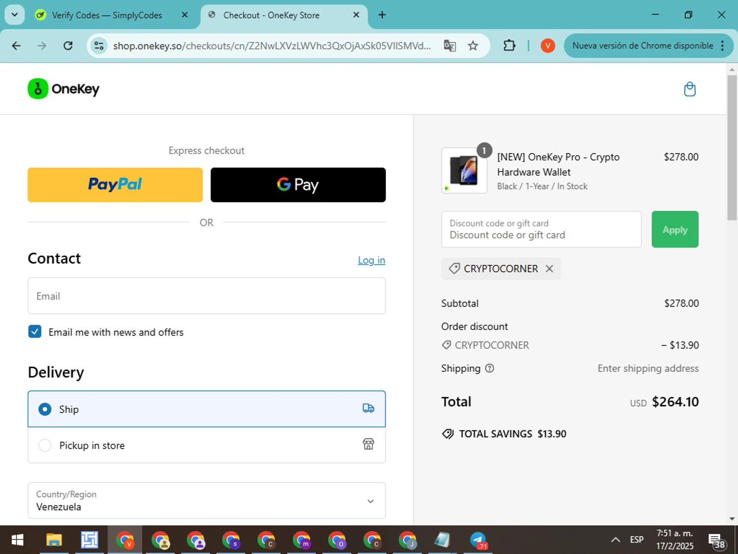 OneKey promo code screenshot showing code CRYPTOCORNER applied at OneKey checkout page. Uploaded by SimplyCodes community member CodeMonarch8148 on Feb 17, 2025