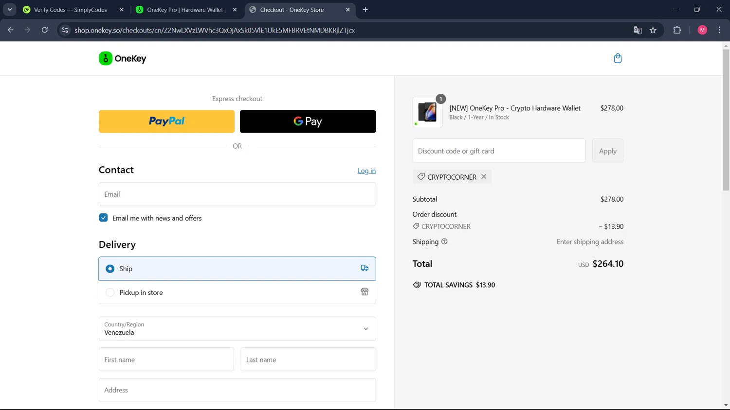 OneKey promo code screenshot showing code CRYPTOCORNER applied at OneKey checkout page. Uploaded by SimplyCodes community member ValueCollector4159 on Feb 17, 2025