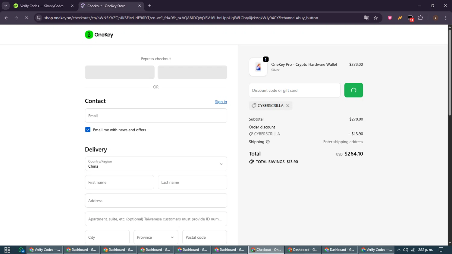 OneKey promo code screenshot showing code CYBERSCRILLA applied at OneKey checkout page. Uploaded by SimplyCodes community member GoldSentinel1426 on Nov 15, 2025