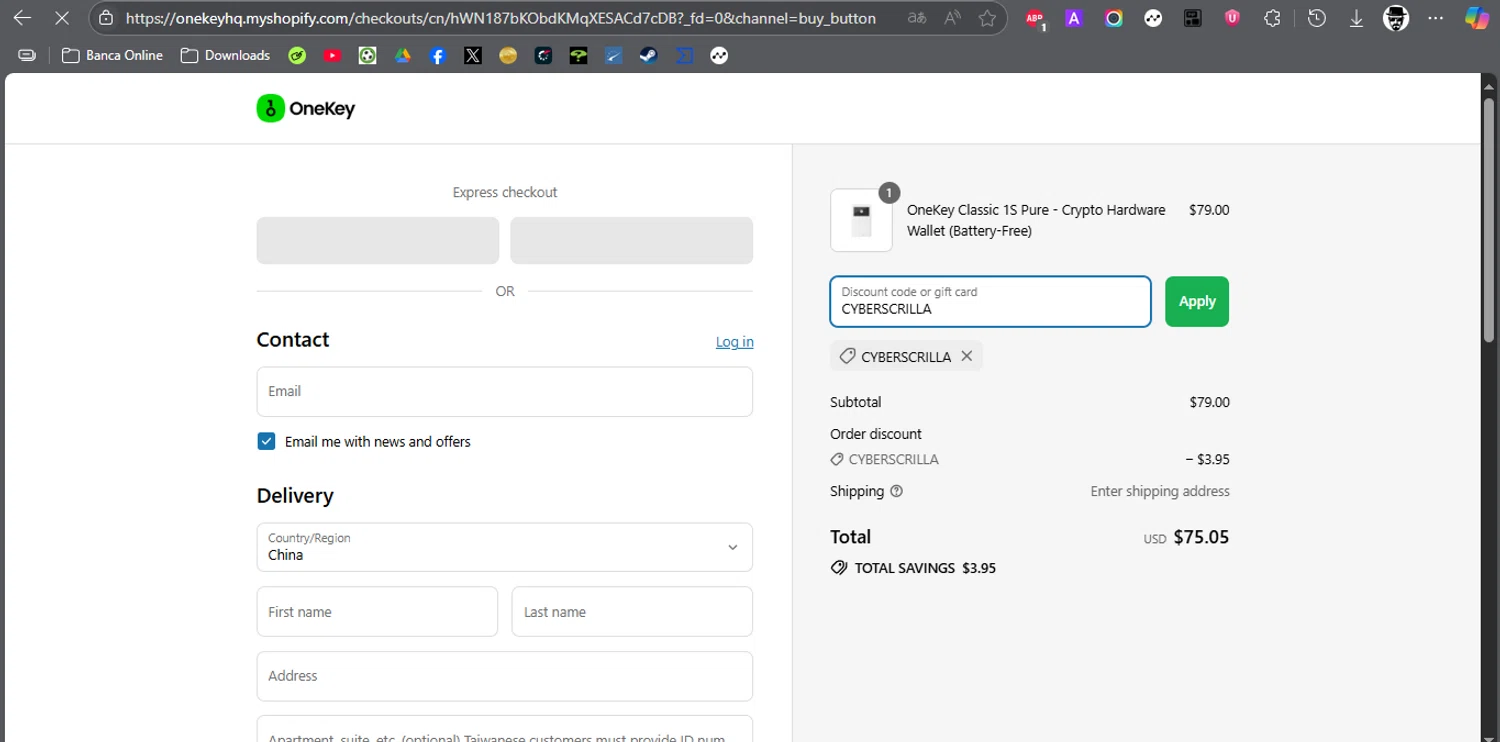 OneKey promo code screenshot showing code CYBERSCRILLA applied at OneKey checkout page. Uploaded by SimplyCodes community member ROCKSORD on Jul 28, 2025