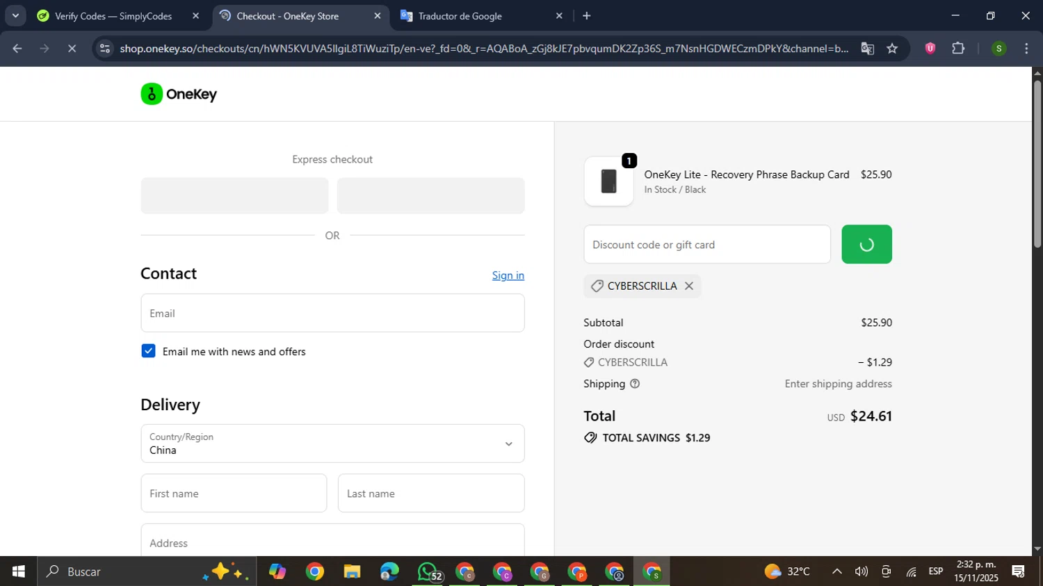 OneKey promo code screenshot showing code CYBERSCRILLA applied at OneKey checkout page. Uploaded by SimplyCodes community member RewardMaverick445 on Nov 15, 2025