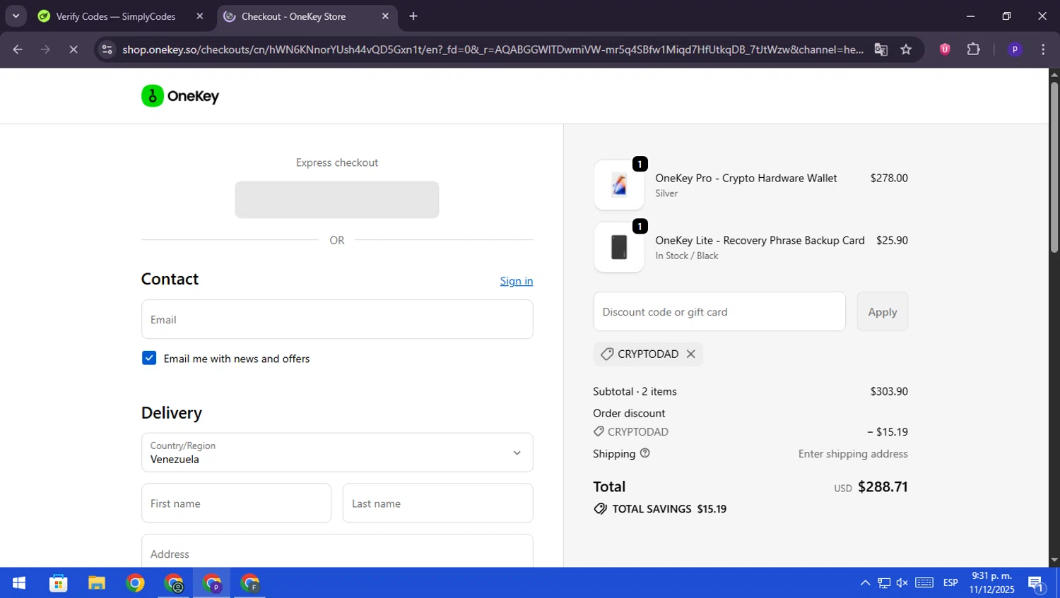 OneKey promo code screenshot showing code CRYPTODAD applied at OneKey checkout page. Uploaded by SimplyCodes community member RebateScout6612 on Dec 12, 2025