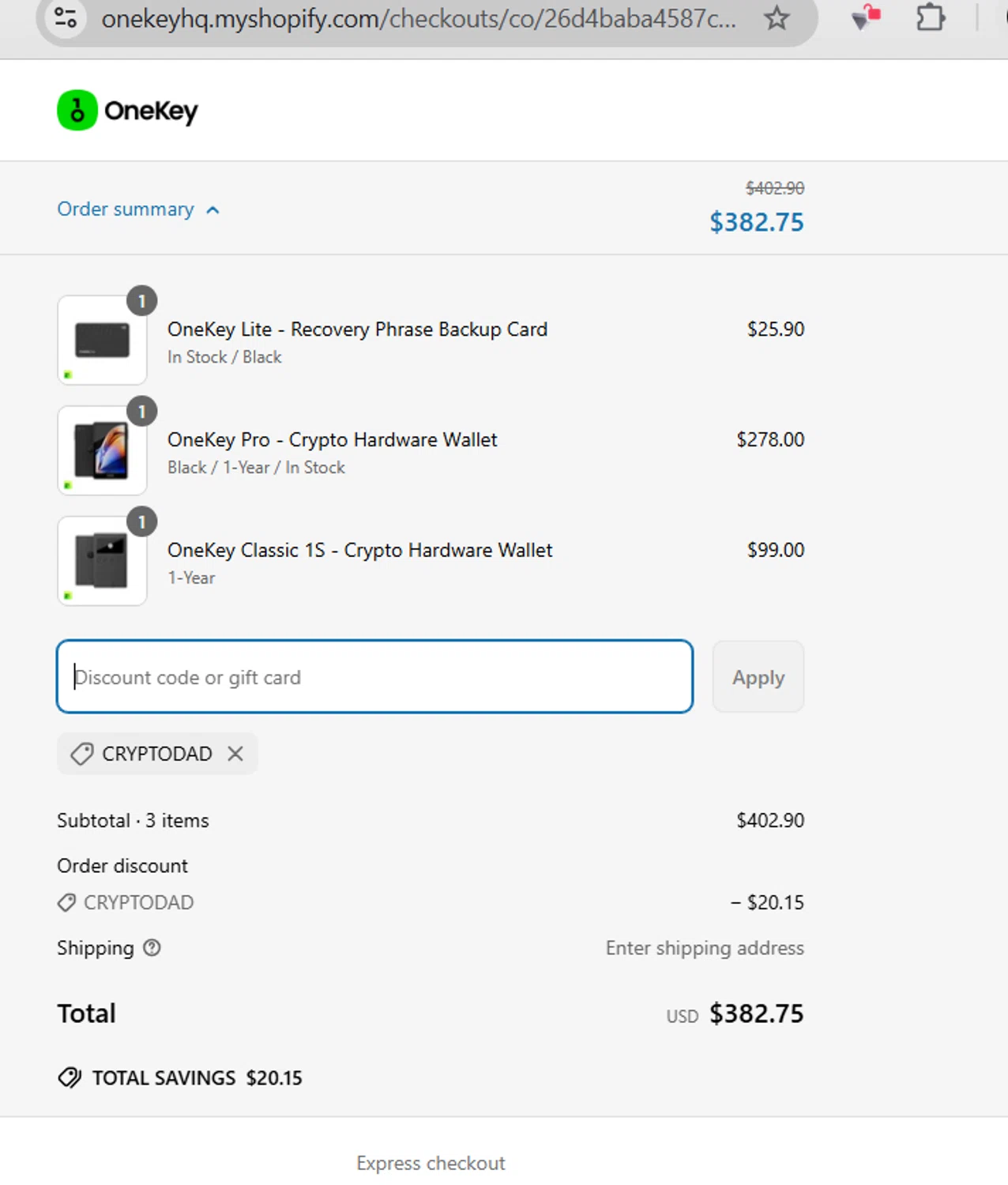OneKey promo code screenshot showing code CRYPTODAD applied at OneKey checkout page. Uploaded by SimplyCodes community member WonderExpert2552 on Mar 23, 2025