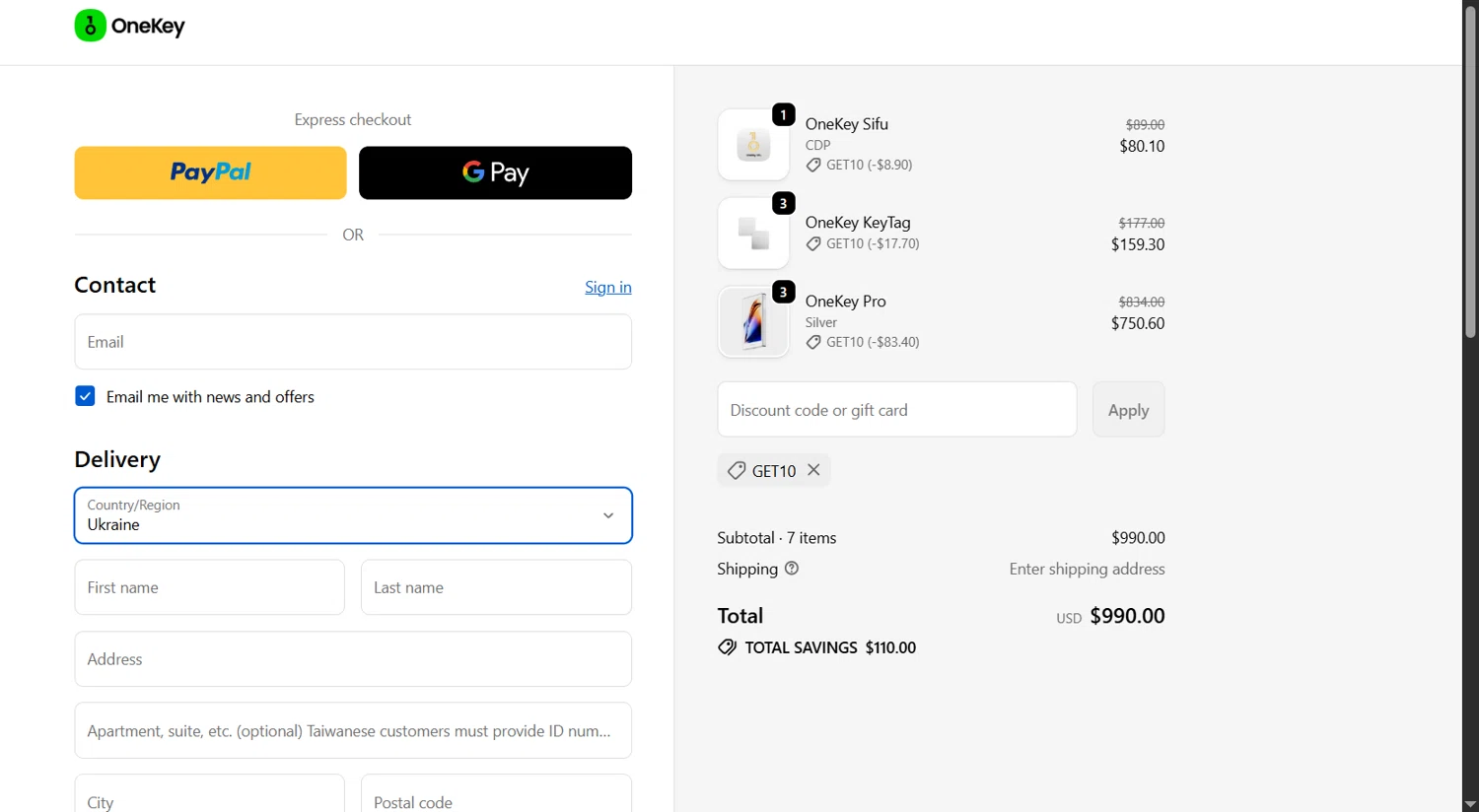OneKey promo code screenshot showing code GET10 applied at OneKey checkout page. Uploaded by SimplyCodes community member RoYoK88 on Jun 6, 2026