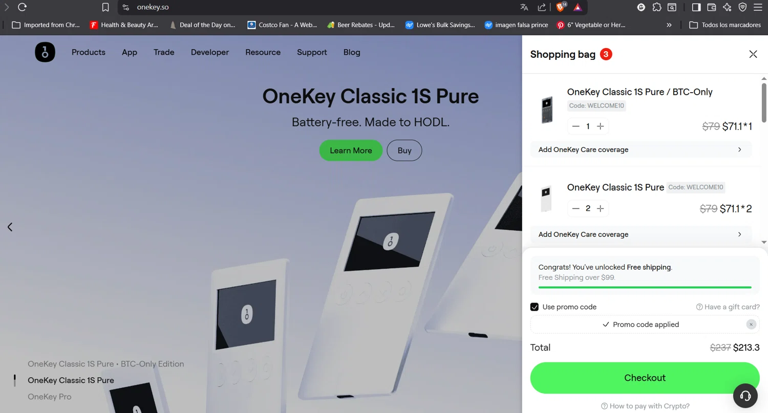 OneKey promo code screenshot showing code WELCOME10 applied at OneKey checkout page. Uploaded by SimplyCodes community member RoYoK88 on Jun 13, 2026