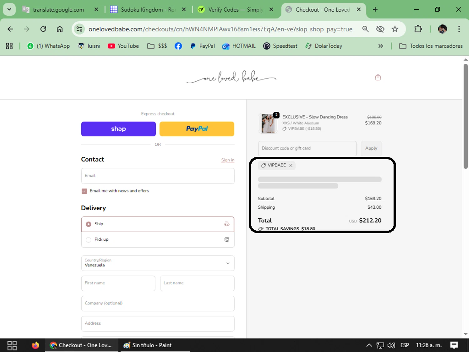 One Loved Babe discount code screenshot showing code VIPBABE applied at One Loved Babe checkout page. Uploaded by SimplyCodes community member luisrodriguez on Oct 21, 2025