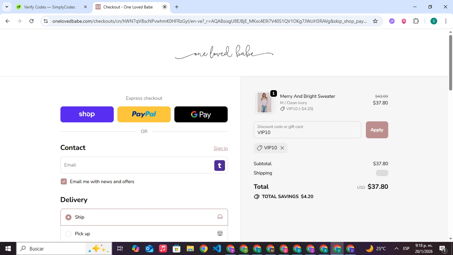 One Loved Babe discount code screenshot showing code VIP10 applied at One Loved Babe checkout page. Uploaded by SimplyCodes community member VictoriousPilot5281 on Jan 21, 2026