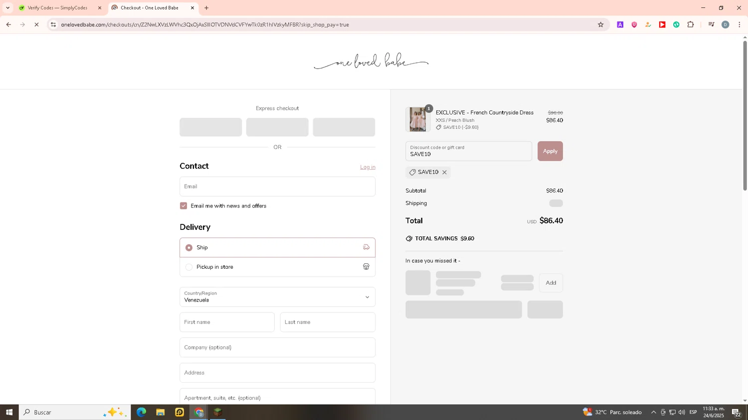One Loved Babe discount code screenshot showing code SAVE10 applied at One Loved Babe checkout page. Uploaded by SimplyCodes community member ELChasis on Jun 24, 2025
