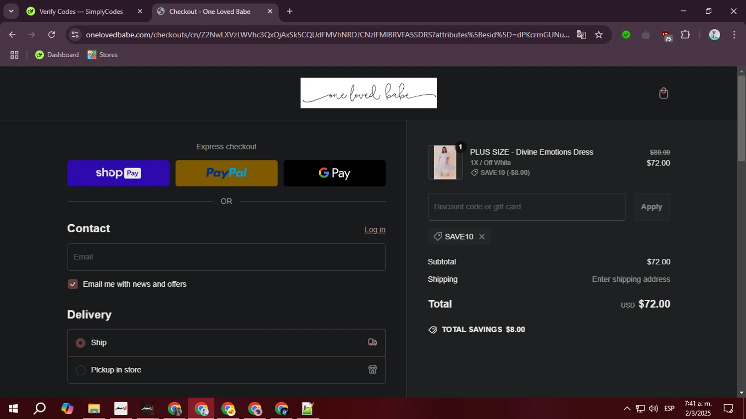 One Loved Babe discount code screenshot showing code SAVE10 applied at One Loved Babe checkout page. Uploaded by SimplyCodes community member ValiantLegend7294 on Mar 2, 2025