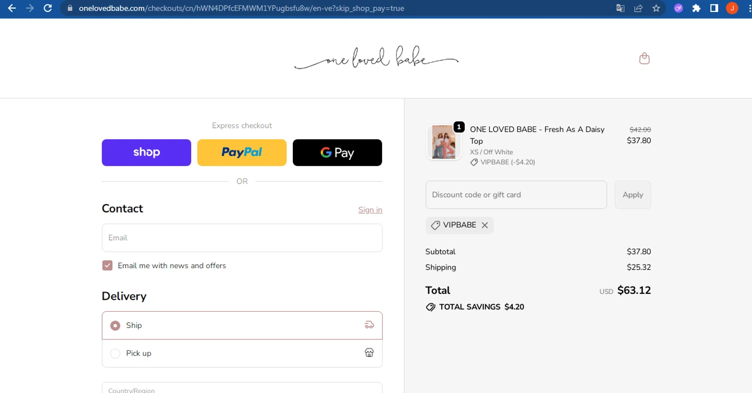 One Loved Babe discount code screenshot showing code VIPBABE applied at One Loved Babe checkout page. Uploaded by SimplyCodes community member FranquizJoel on Oct 20, 2025