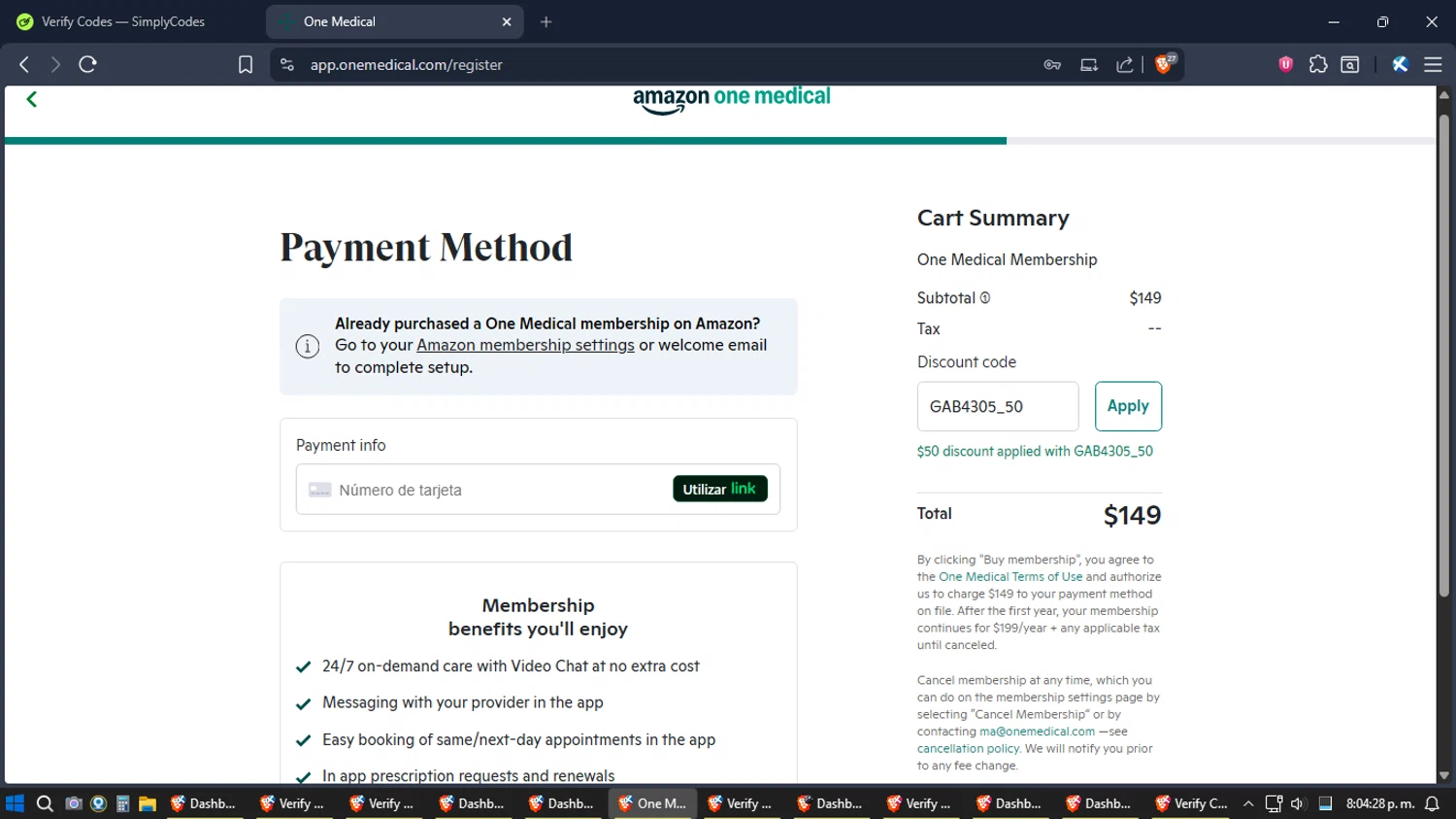 One Medical promo code screenshot showing code gab4305 applied at One Medical checkout page. Uploaded by SimplyCodes community member TreasureExpert3303 on Dec 7, 2025