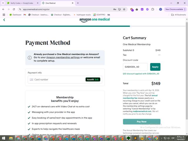One Medical checkout page showing One Medical discount code box | Screenshot taken by SimplyCodes community member on Apr 20, 2025