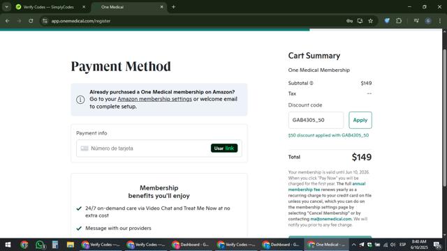 One Medical checkout page showing One Medical discount code box | Screenshot taken by SimplyCodes community member on Jun 10, 2025