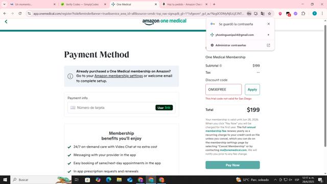 One Medical checkout page showing One Medical discount code box | Screenshot taken by SimplyCodes community member on Jun 28, 2025