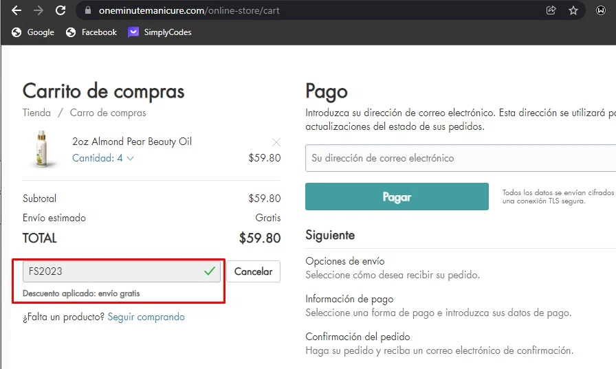 One Minute Manicure checkout page showing One Minute Manicure coupon code box | Screenshot taken by SimplyCodes community member on Apr 20, 2023
