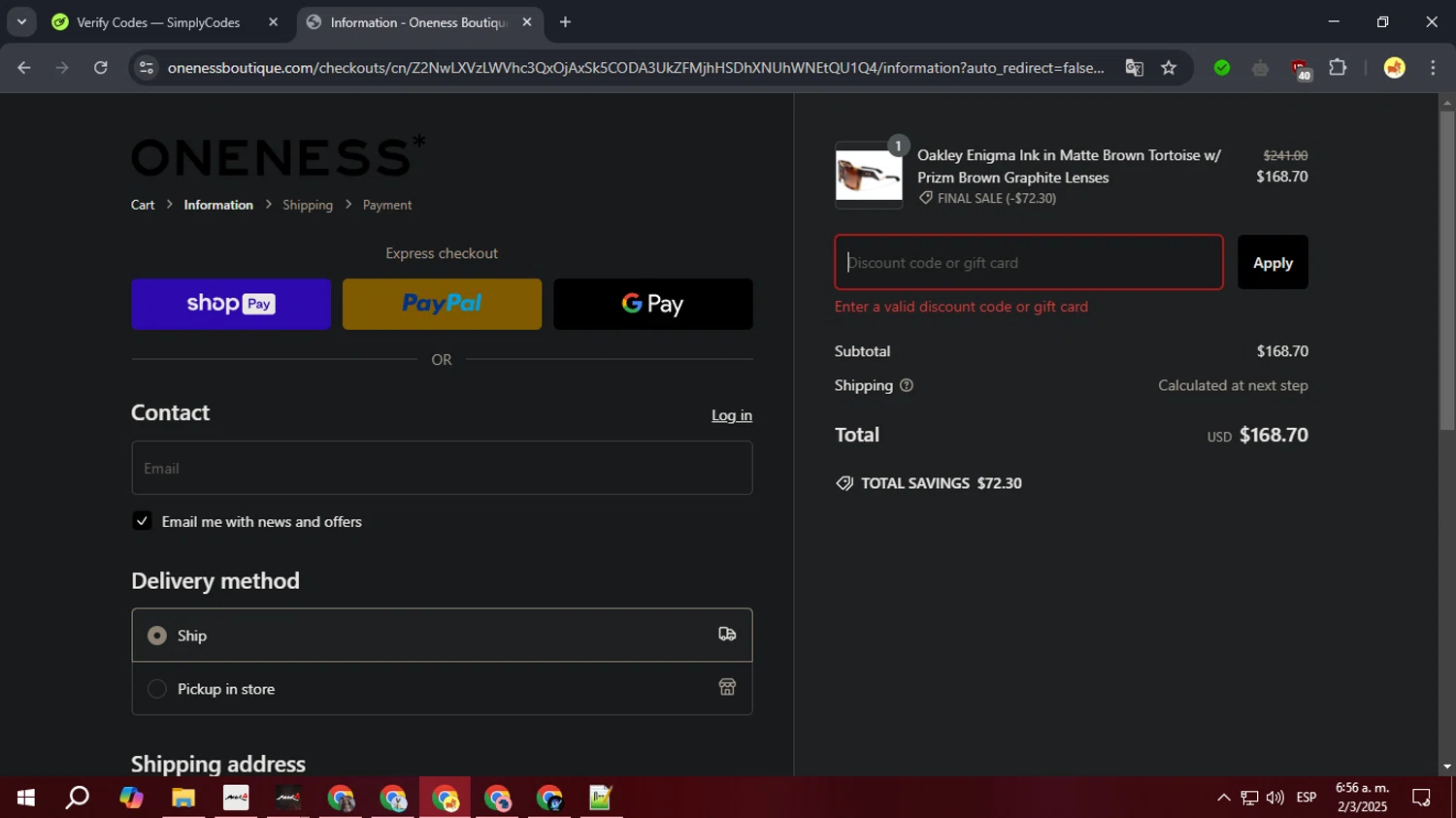 Oneness Boutique promo code screenshot showing code FREESHIP applied at Oneness Boutique checkout page. Uploaded by SimplyCodes community member GoldSaver3857 on Mar 2, 2025