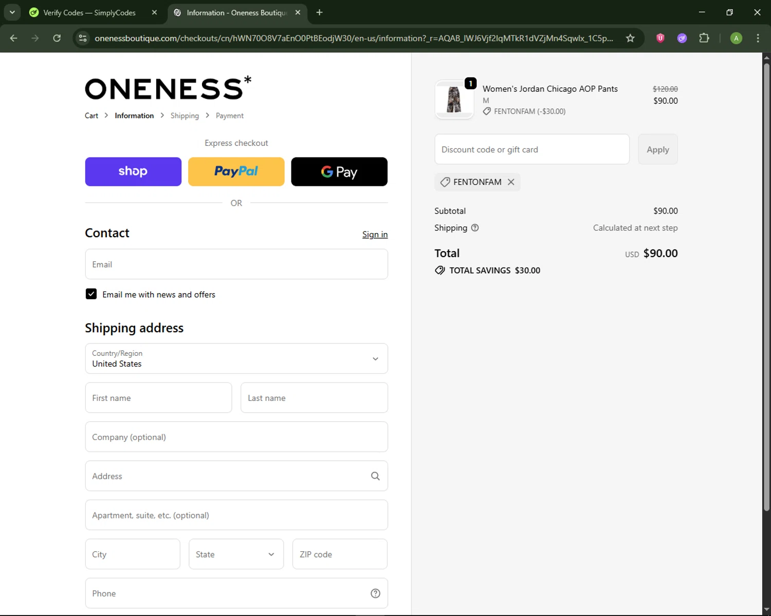Oneness Boutique promo code screenshot showing code FENTONFAM applied at Oneness Boutique checkout page. Uploaded by SimplyCodes community member MagnificentSaver708 on Dec 29, 2025