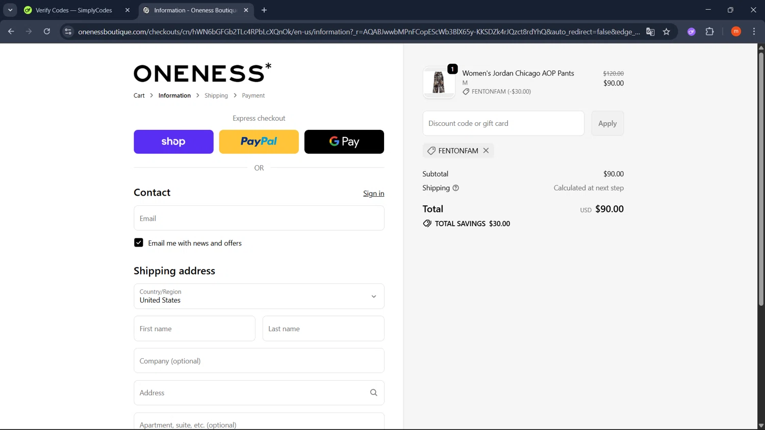 Oneness Boutique promo code screenshot showing code FENTONFAM applied at Oneness Boutique checkout page. Uploaded by SimplyCodes community member PromoMonarch895 on Dec 19, 2025