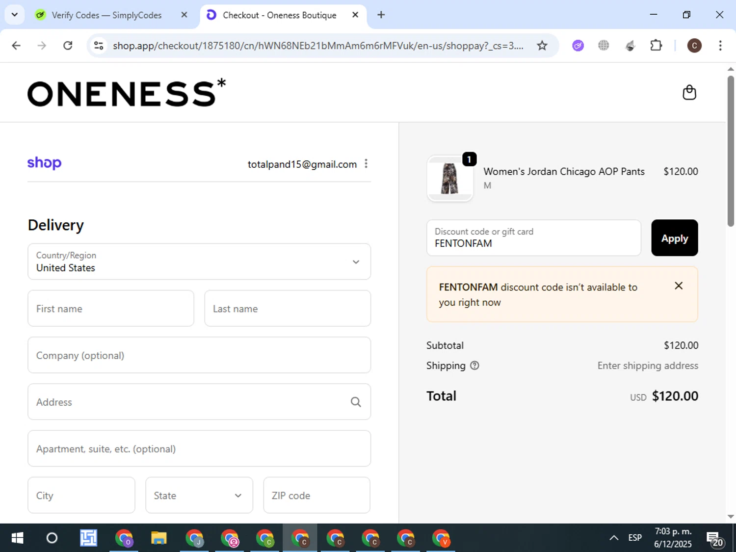 Oneness Boutique promo code screenshot showing code FENTONFAM applied at Oneness Boutique checkout page. Uploaded by SimplyCodes community member VictorL on Dec 6, 2025