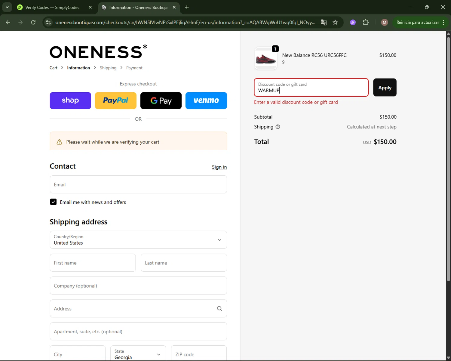 Oneness Boutique promo code screenshot showing code WARMUP applied at Oneness Boutique checkout page. Uploaded by SimplyCodes community member CoinLegend4598 on Nov 27, 2025