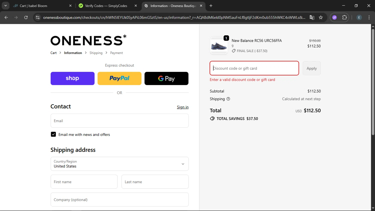 Oneness Boutique promo code screenshot showing code WARMUP applied at Oneness Boutique checkout page. Uploaded by SimplyCodes community member LegendaryFox9861 on Nov 27, 2025